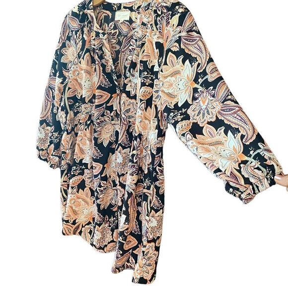 Melloday Sz M Black Peach Paisley Empire Waist Boho Relaxed Fit Flowy Blouse - Picture 2 of 8